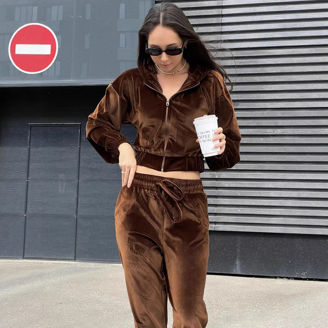 Damen weiches Velours-Lounge-Set mit kurzer Reißverschluss-Kapuzenjacke und weiter High-Waist-Hose EB