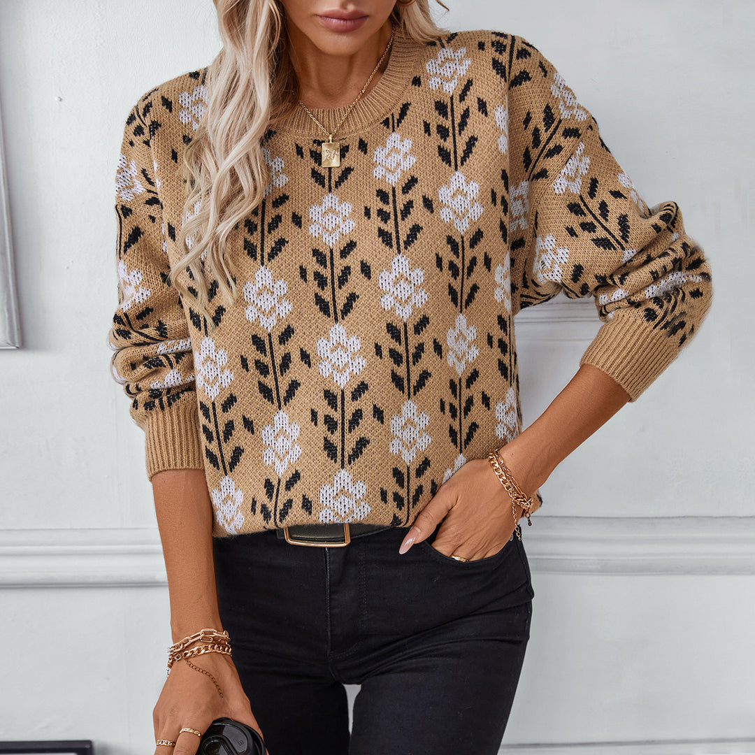 Damen lässiger Pullover mit floralem Muster und Rundhalsausschnitt EB