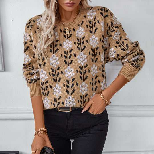 Damen lässiger Pullover mit floralem Muster und Rundhalsausschnitt EB