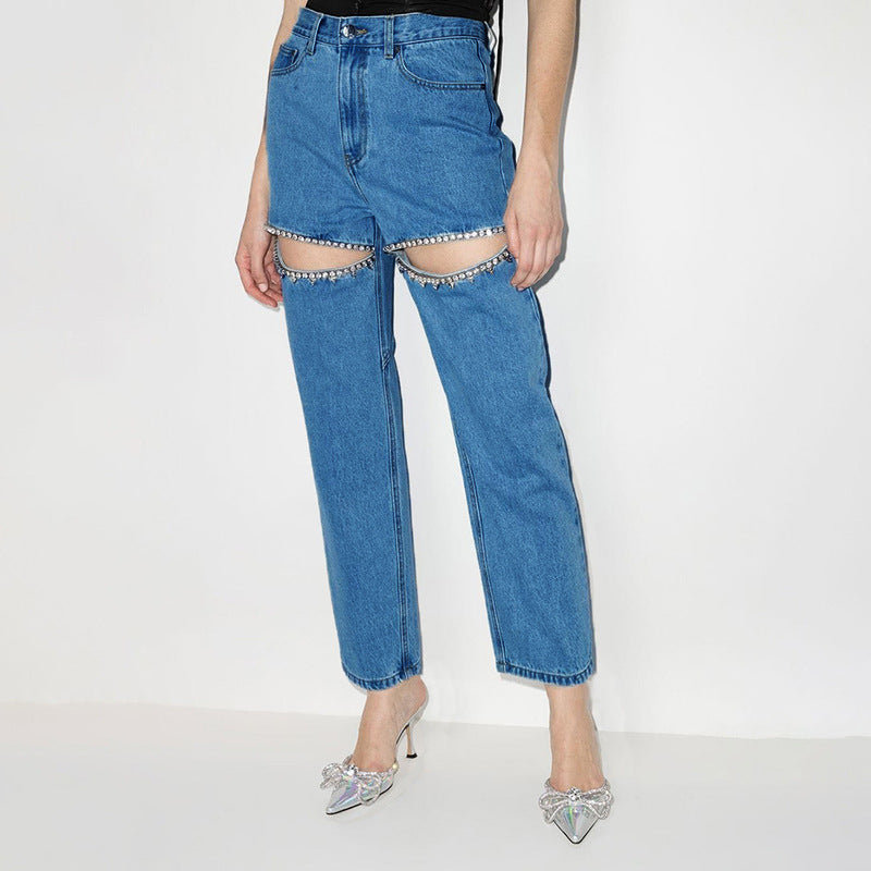 Damen Jeans mit strassbesetzten Ausschnitten und legerem Schnitt EB