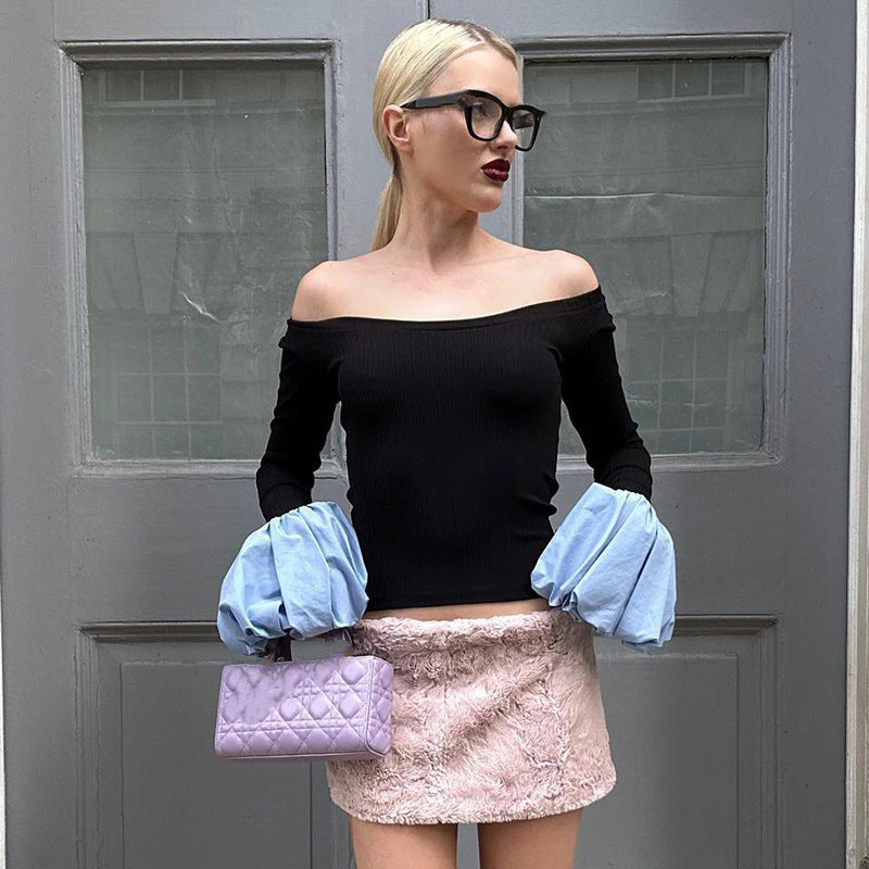 Damen Elegantes Oberteil mit weitem Schulterbereich und langen Puffärmeln EB