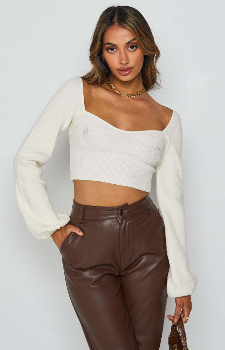Damen lässiges Crop-Top mit weitem Arm und Rippstruktur EB