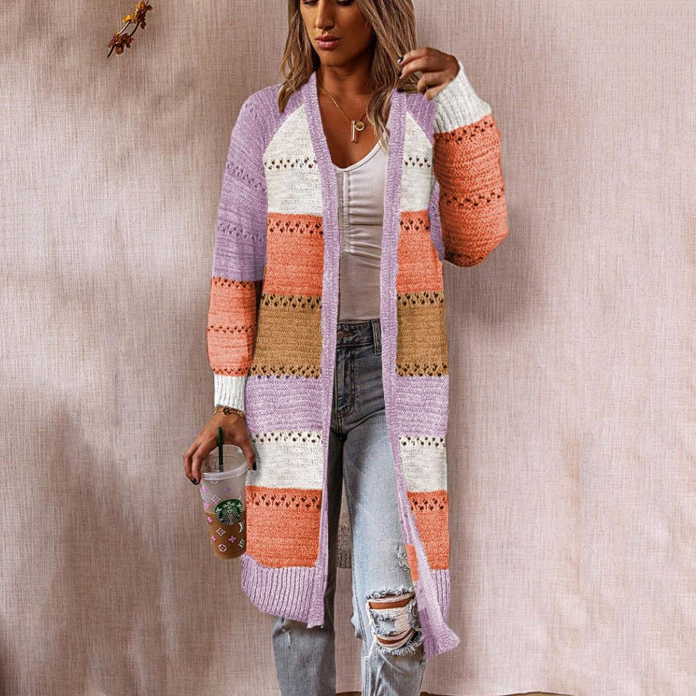 Damen Strickjacke im Retro-Patchwork-Stil mit langen Ärmeln und offenen Front EB
