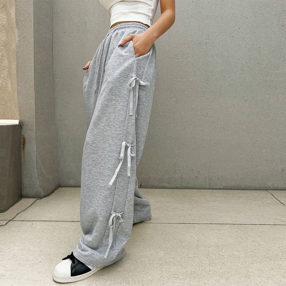 Damen lockere Wide‑Leg Loungehose mit elastischem Bund, Kordelzug und seitlichen Zierschleifen Eichborn Berlin