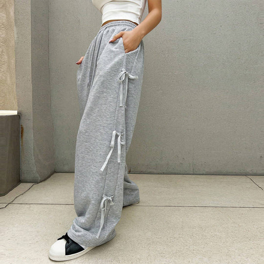 Damen lockere Wide‑Leg Loungehose mit elastischem Bund, Kordelzug und seitlichen Zierschleifen Eichborn Berlin