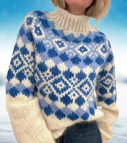Damen nan kuscheliger Norweger-Strickpullover mit Stehkragen und Oversize-Passform EB