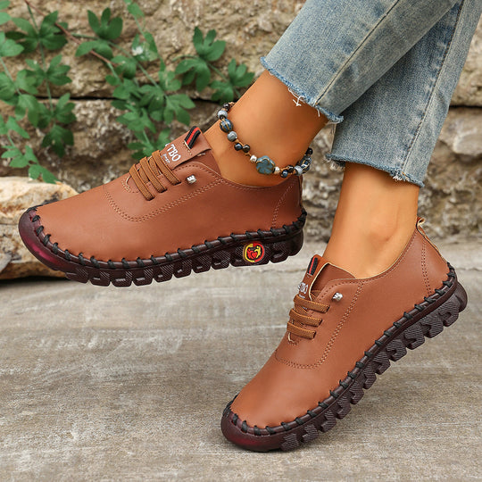 Damen Freizeit-Leder-Sneaker mit elastischen Schnürsenkeln und rutschfester Sohle EB