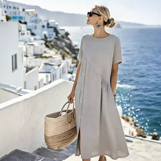 Damen Luftiges Sommerkleid mit seitlicher Knopfleiste, kurzen Ärmeln und Schlitz EB