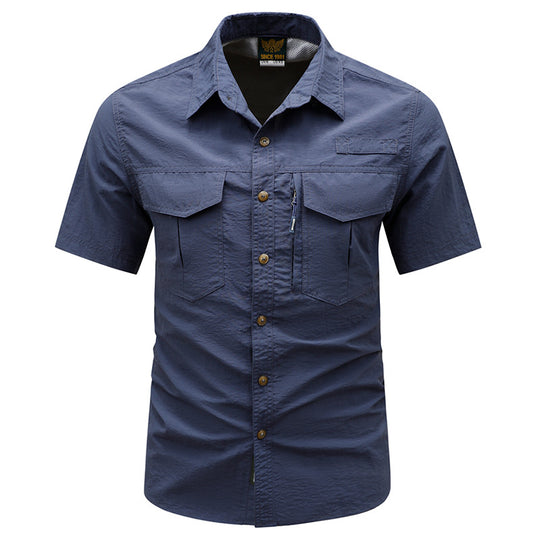 Men's  tactical short sleeve button shirt with dual flap chest pockets and discreet zip utility pocket EB