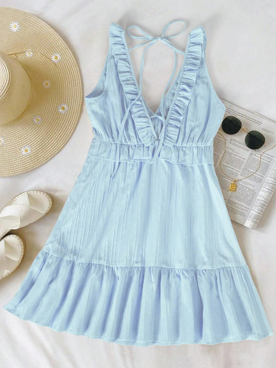Damen luftiges Sommerkleid mit Volantdetails und verstellbarem Rückenschnürung EB