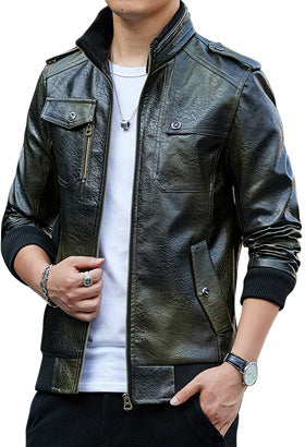 Herren Kunstleder-Flightjacke mit Brust- und Reißverschlusstaschen, Stehkragen und Rippbündchen EB
