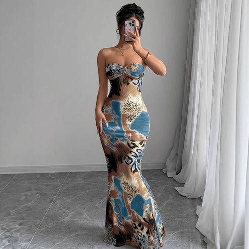 Damen Etuikleid mit strapless Design und Tiermuster EB