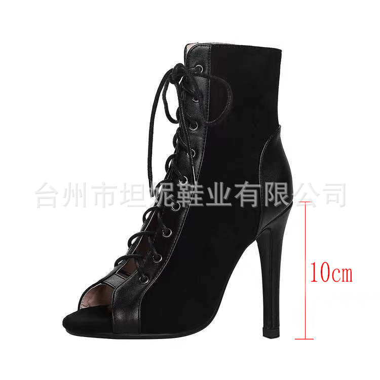 Damen Offene Zehen-Stiefeletten mit elegantem Schnürdesign und hohem Absatz EB