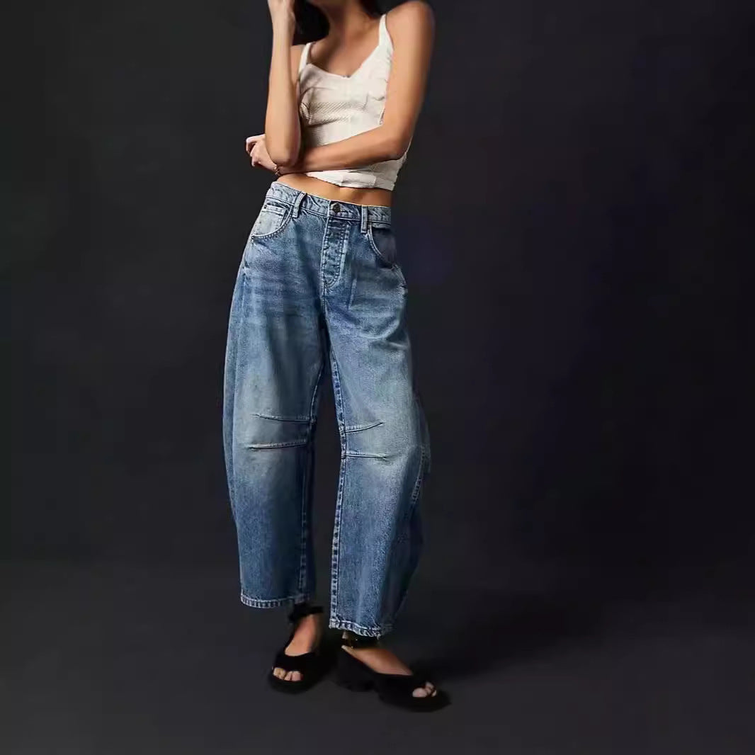 Damen Weite Denim-Hose mit hohem Bund und lässigen Details EB