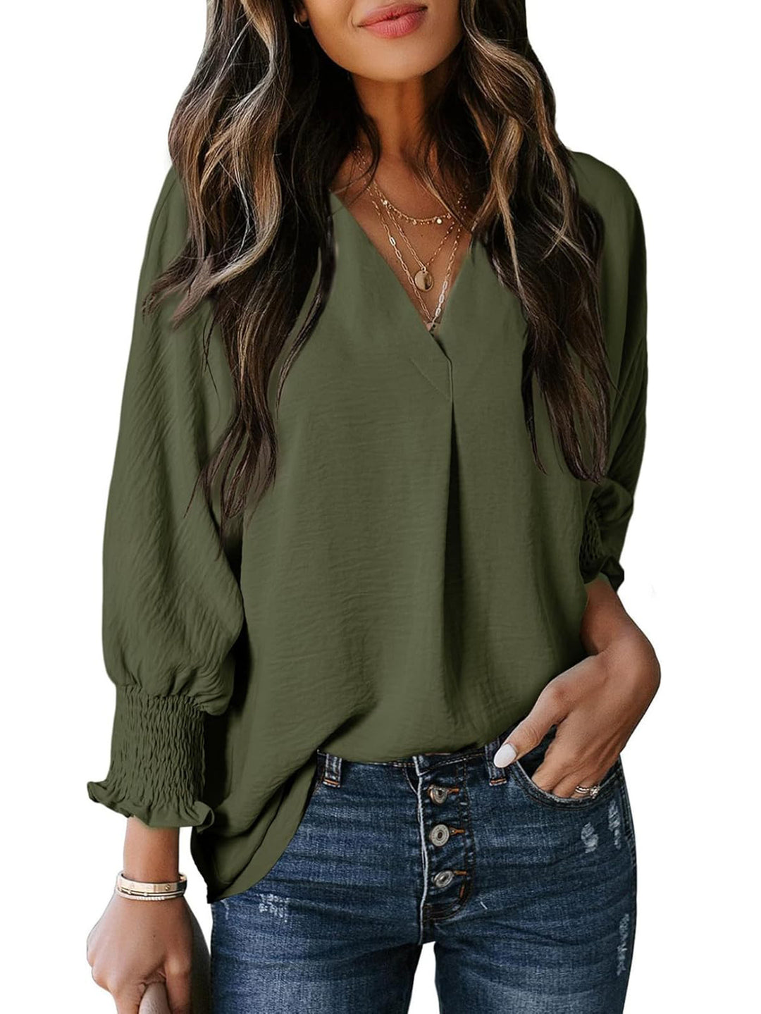 Damen V-Ausschnitt Bluse mit lässigen Ballonärmeln und Rüschendetails EB