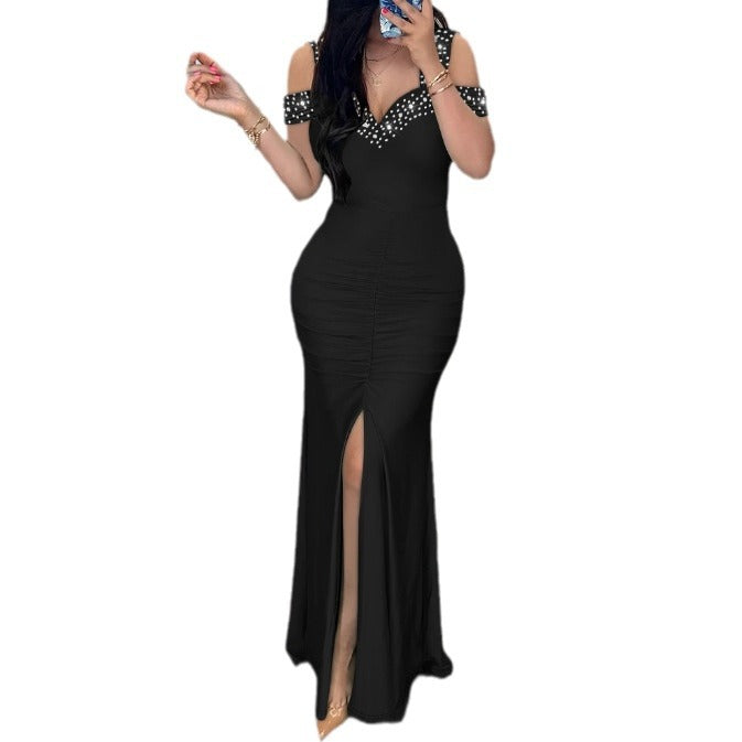 Damen elegantes Maxikleid mit schulterfreien Ärmeln und tiefem Schlitz EB
