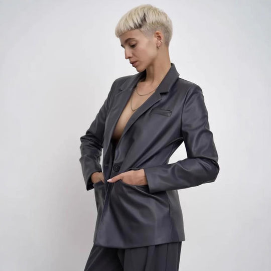 Damen minimalistische und elegante Kunstleder Blazer EB