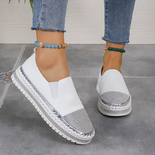 Damen Slip-On Plateau-Slipper mit Strassbesatz, elastischem Einstieg und profilierter Gummisohle EB