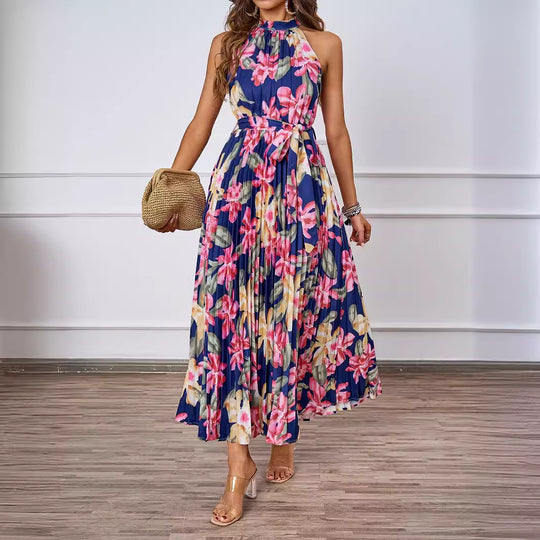 Damen Maxikleid mit detaillierter Plisseeverarbeitung und schickem Bindegürtel EB
