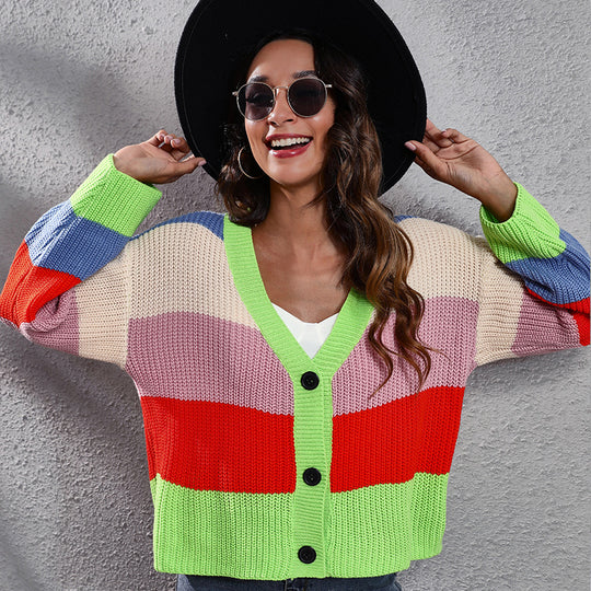 Damen Modische Strickjacke mit buntem Streifenmuster und Button-Details EB