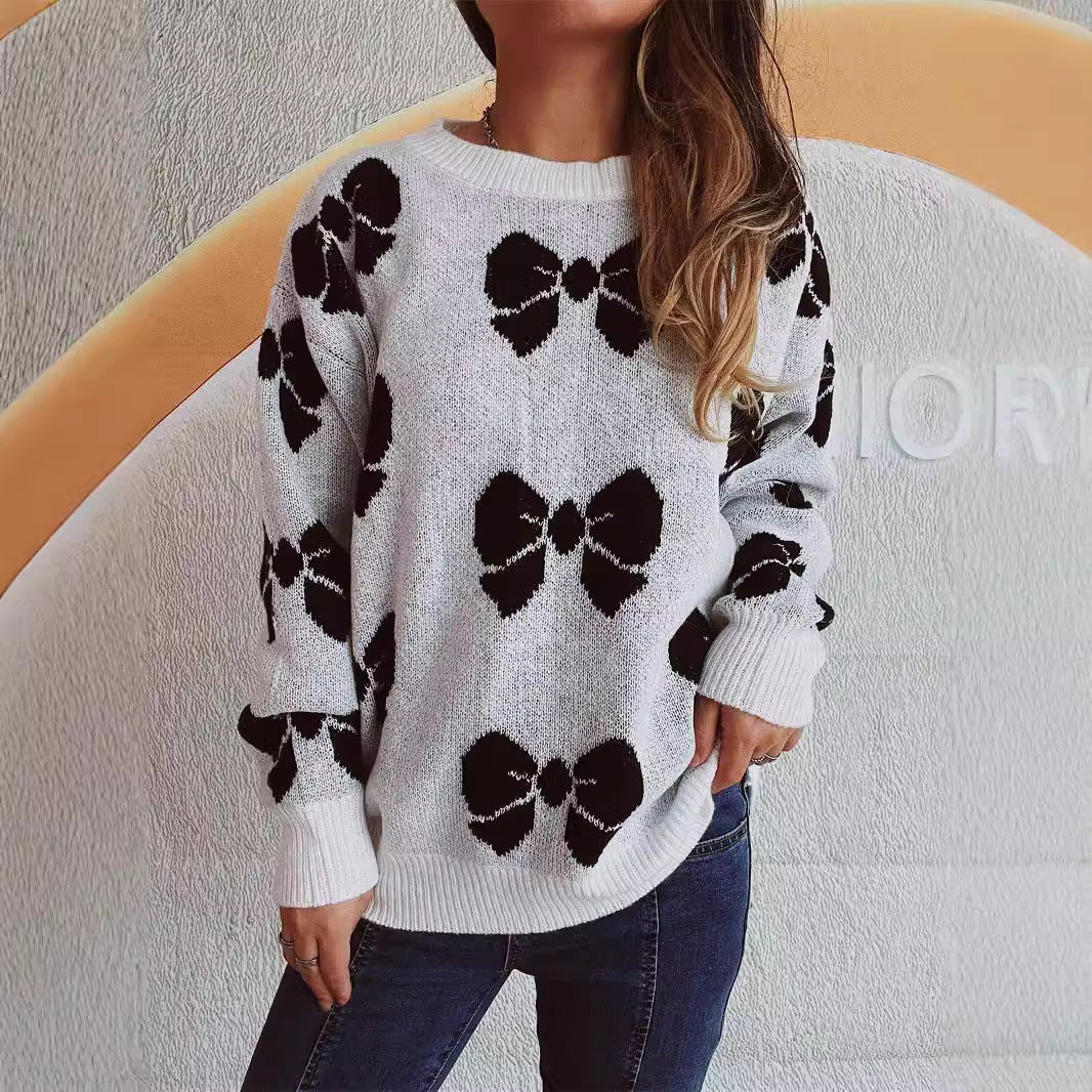 Damen lässiger Pullover mit verspieltem Schleifenmuster EB