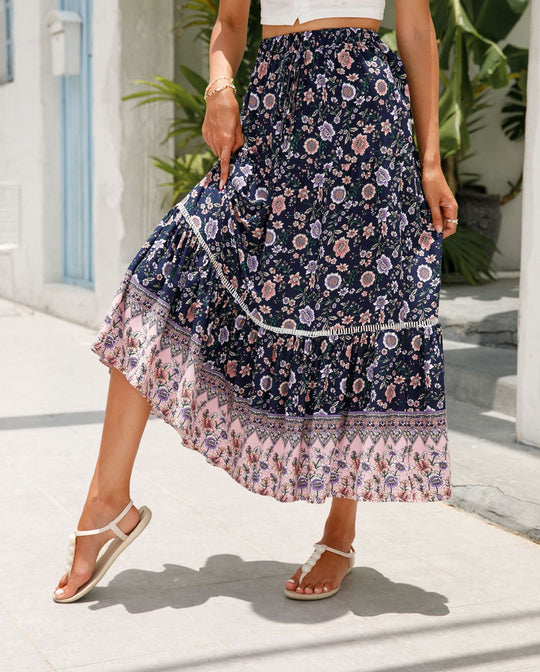 Damen Sommer-Rock mit floralen Mustern und voluminösem Saum EB