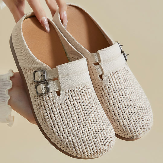 Damen nan gestrickter Clog-Mule mit doppelter Metallschnalle, atmungsaktivem 3D-Strickoberteil und ergonomischem Memory-Fußbett EB