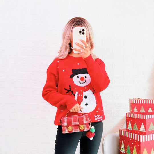 Damen Weihnachts-Pullover mit festlichem Schneemann-Motiv und gemütlichem Schnitt EB