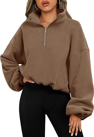 Damen nan kurz geschnittenes Halbzip-Sweatshirt mit hohem Stehkragen, Ballonärmeln und elastischem Saum EB