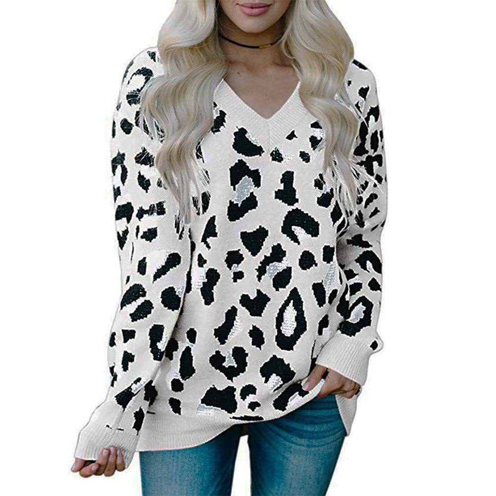 Damen Pullover mit Leopardenmuster und V-Ausschnitt EB