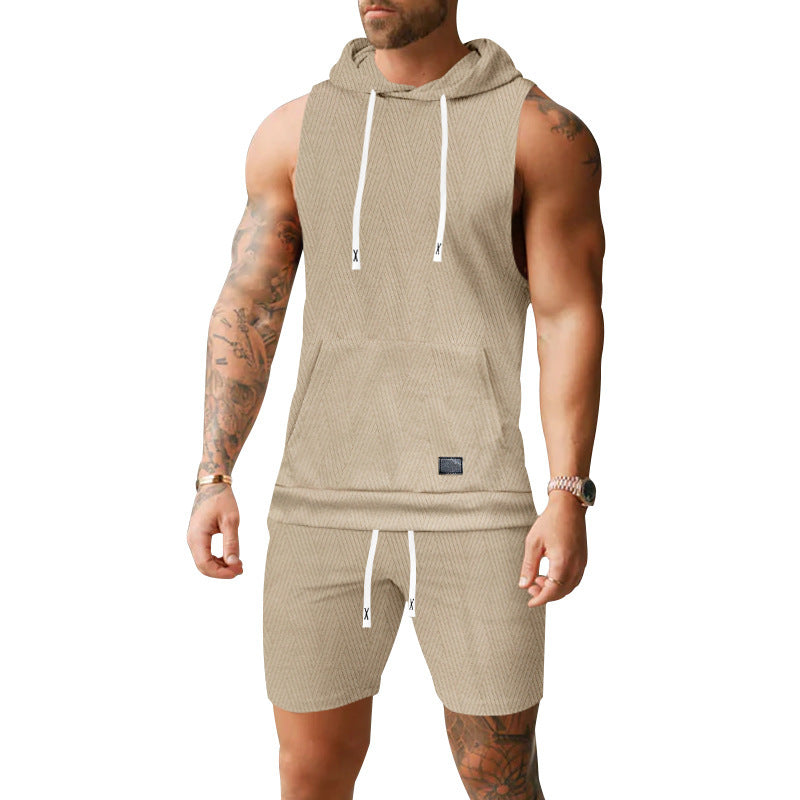 Herren nan ärmelloses Kapuzenweste-Set aus strukturiertem Baumwollmix mit Kängurutasche und Tunnelzug-Shorts EB