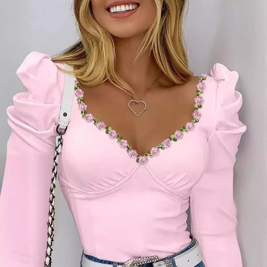 Damen Elegant verzierte Bluse mit Puffärmeln und floralem Ausschnitt EB