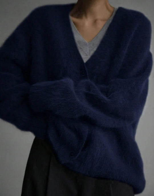 Damen Flauschiger Oversize-Knopfcardigan mit tiefem V-Ausschnitt und Eingrifftaschen EB