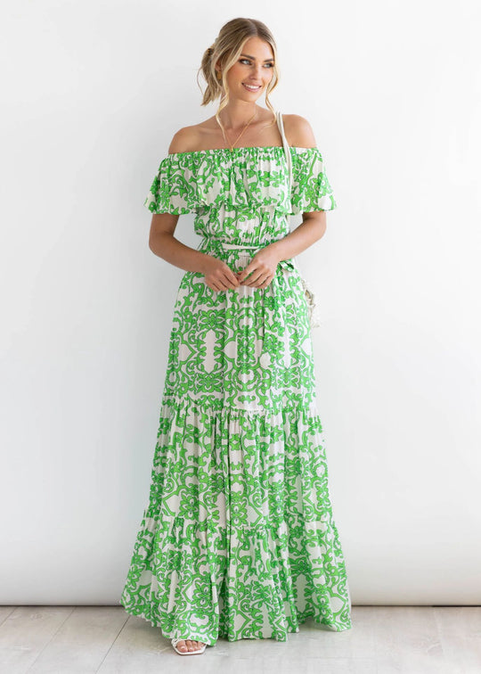 Damen Off-Shoulder Maxikleid mit voluminösem Rüschendesign und elastischem Taillenbund EB