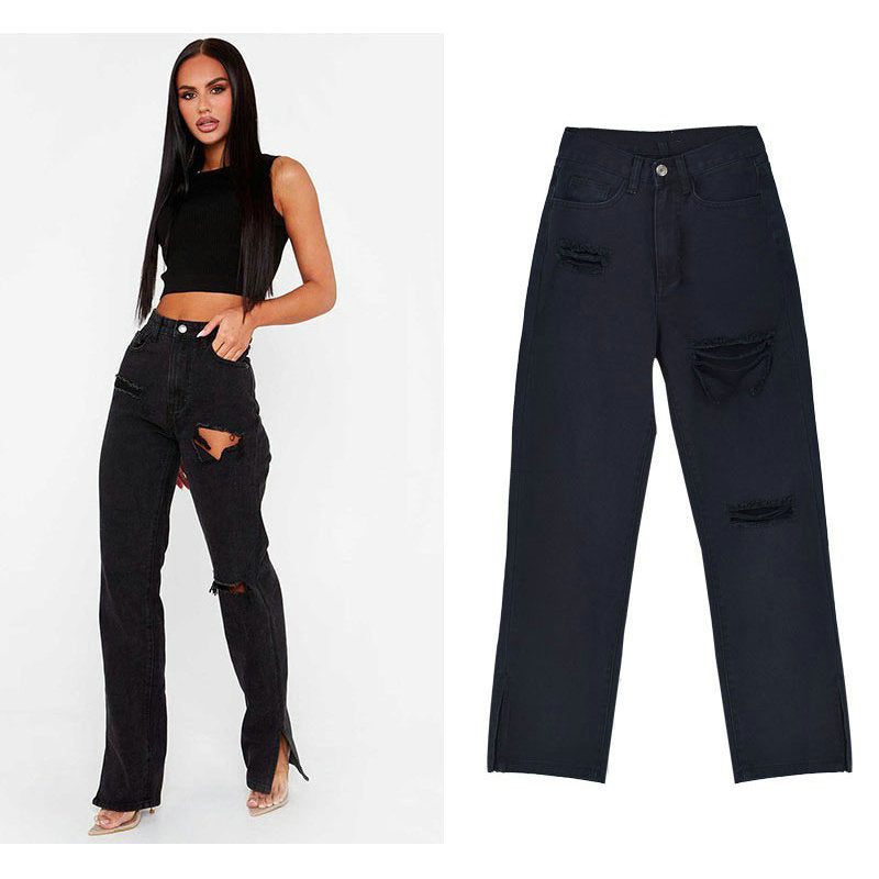 Damen lässige Ripped Jeans mit hoher Taille und modernen Fransen EB