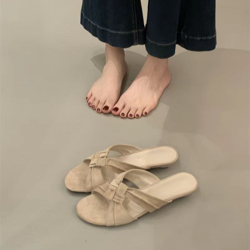 Damen offene Mules mit zarten Riemen und dekorativer Schleife EB