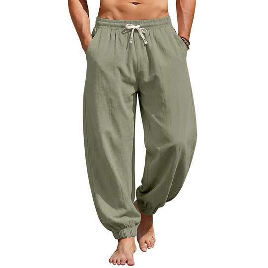 Herren Weite Leinenoptik-Strandhose mit Kordelzug, elastischem Bund und gerafften Beinabschlüssen EB