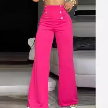 Damen elegante High-Waist Palazzohose mit Knopfdetails EB