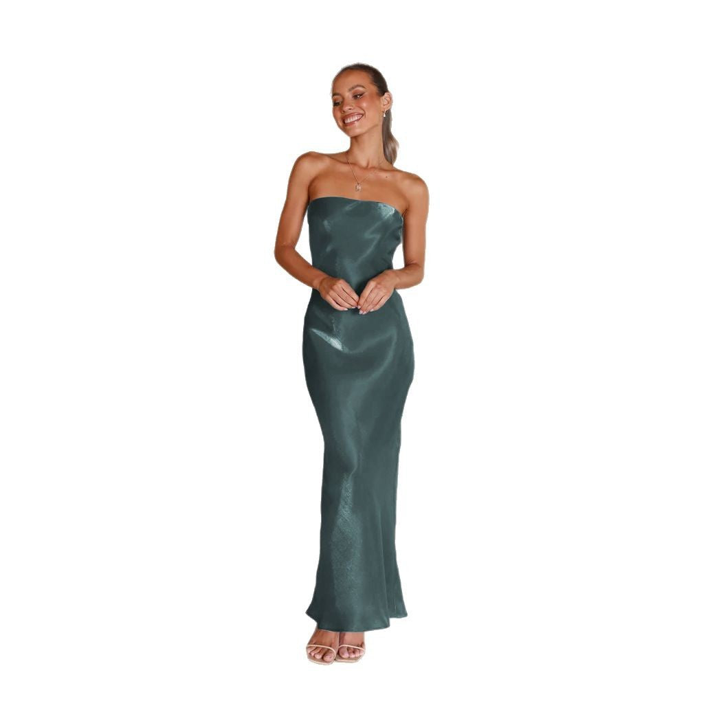 Damen Elegantes Bandeau-Maxikleid mit fließendem Satin und körpernaher Silhouette EB