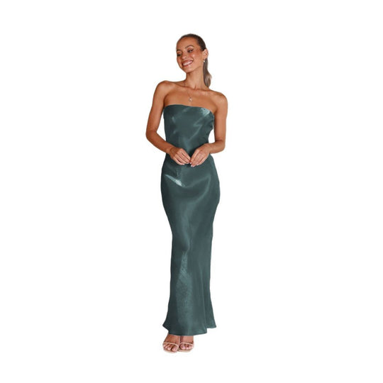 Damen Elegantes Bandeau-Maxikleid mit fließendem Satin und körpernaher Silhouette EB