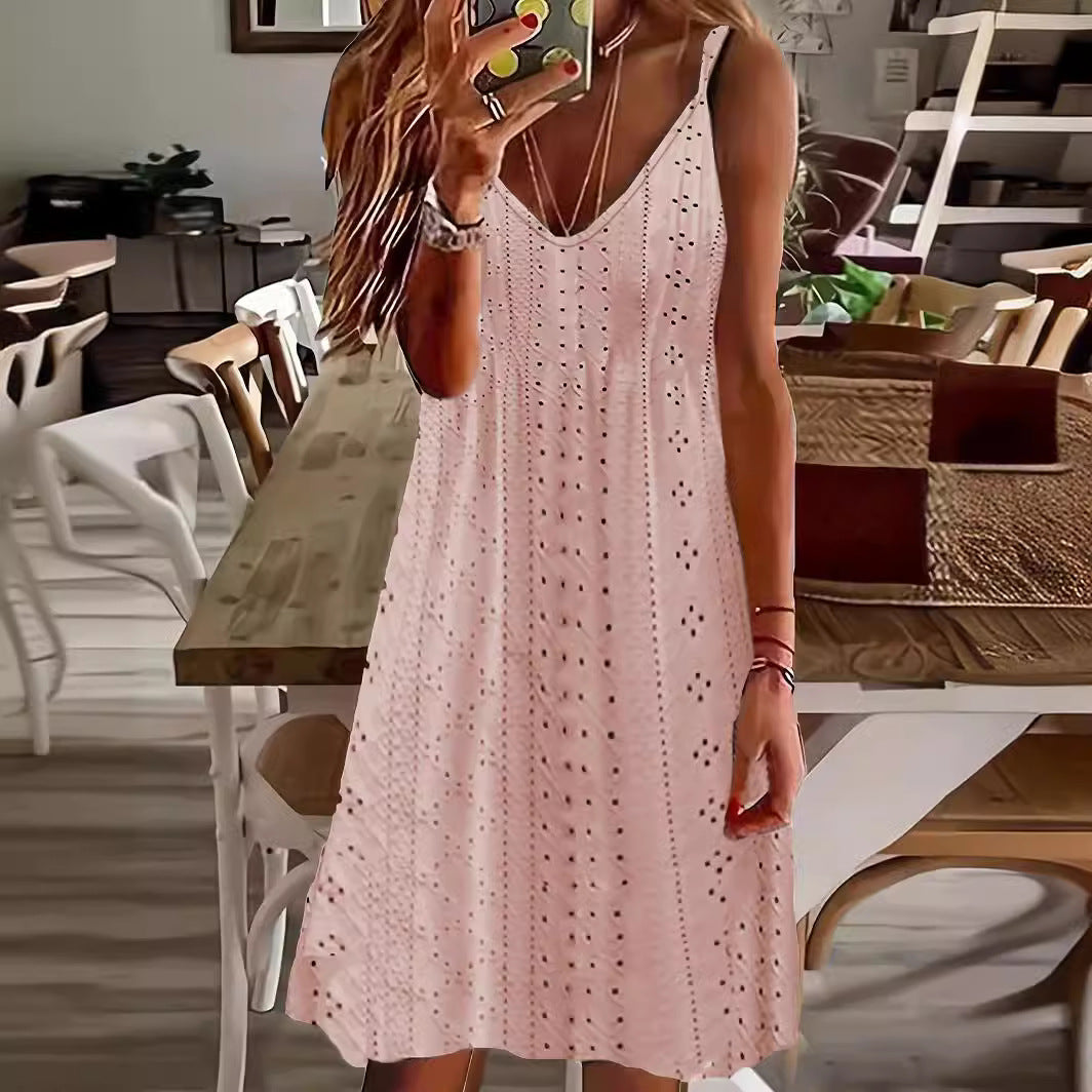 Damen Ärmelloses Sommerkleid mit dekorativem Lochmuster und V-Ausschnitt EB