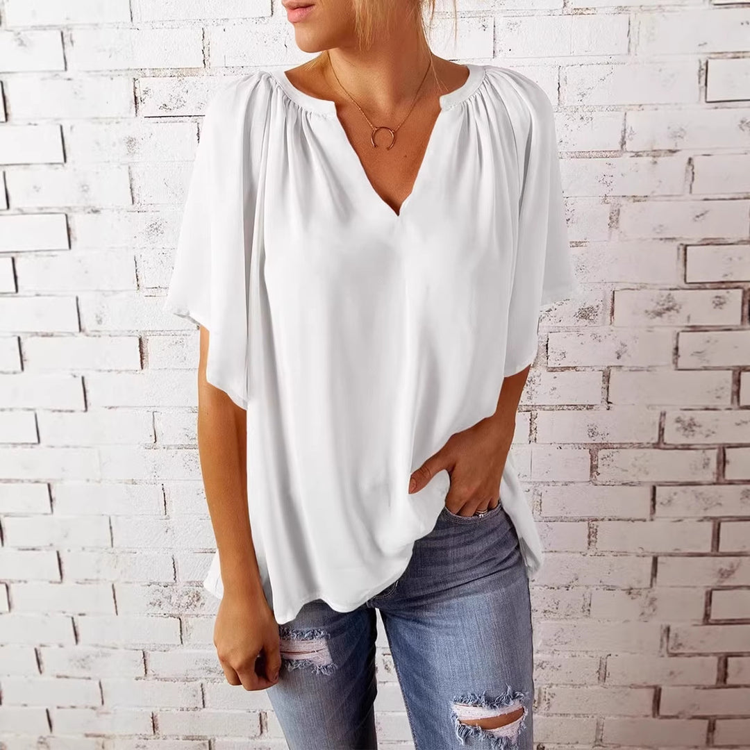 Damen lockeres Blusenshirt mit V-Ausschnitt und luftigen Ärmeln EB