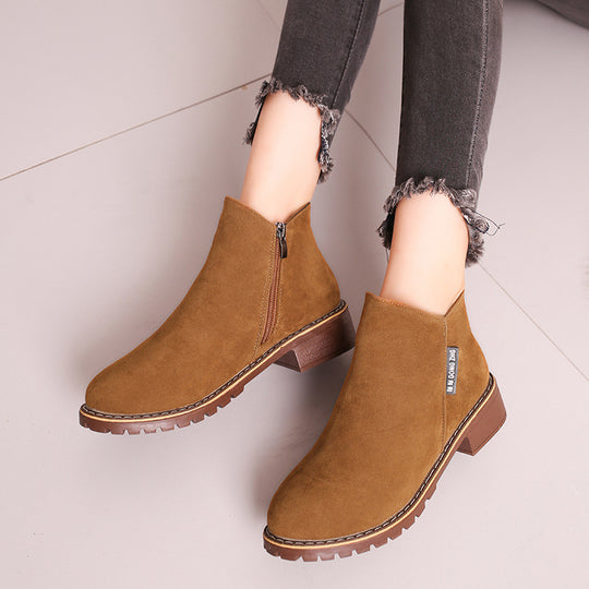 Damen nan knöchelhohe Velourslederimitat-Stiefelette mit robuster Traktorsohle und Komfortabsatz EB