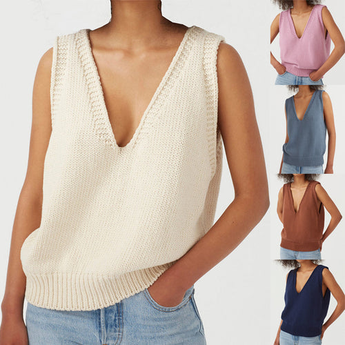 Damen stylischer Stricktop mit tiefem V-Ausschnitt und breiten Trägern EB