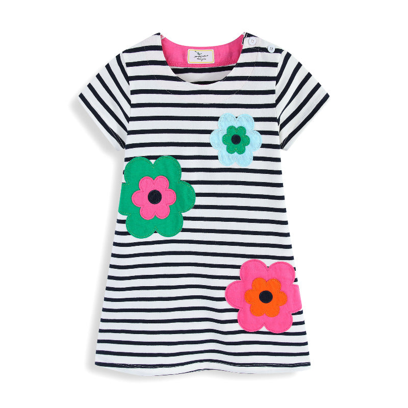 Mädchen T-Shirt Kleid mit bunten Blumenapplikationen EB