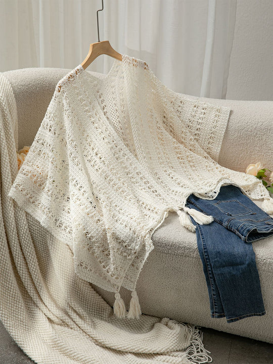 Damen luftiger Strickponcho mit Fransen EB