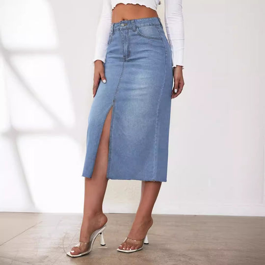 Damen Jeansrock mit hoher Taille und seitlichem Schlitz EB