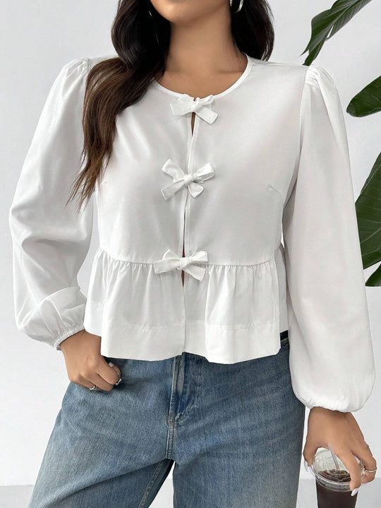 Damen Bluse mit romantischen Rüschendetails und Schleifen EB