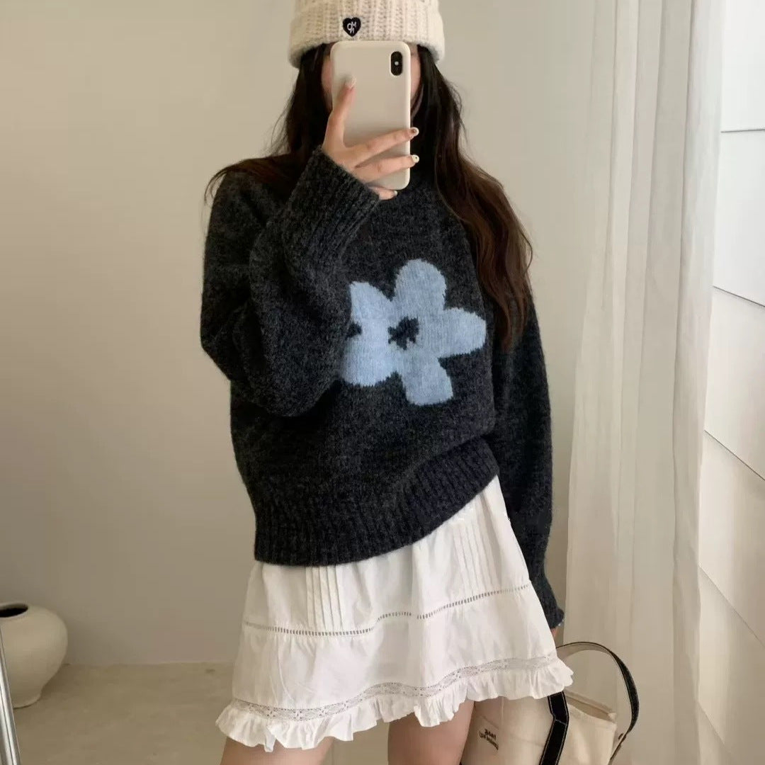 Damen Pullover mit floralem Design und hochflorigem Material EB