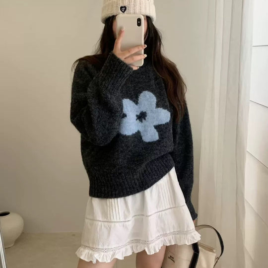 Damen Pullover mit floralem Design und hochflorigem Material EB